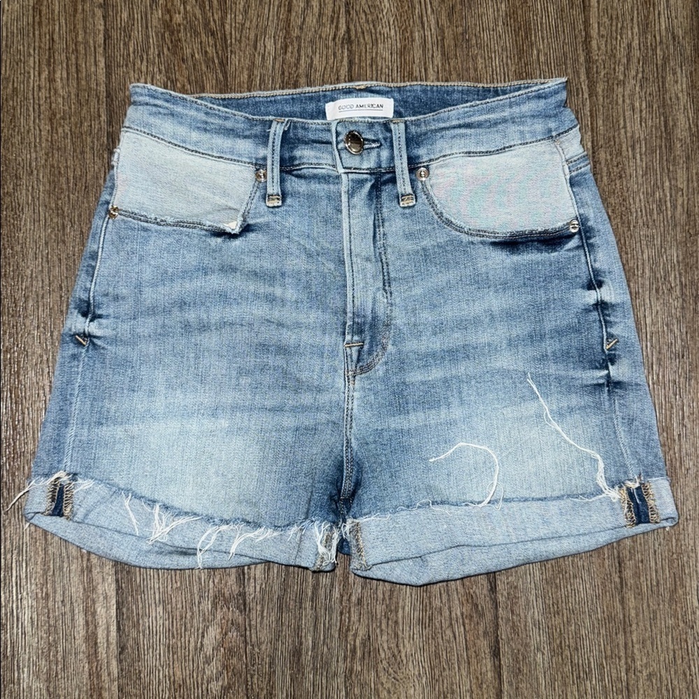 Good American The Cut Off Short Piecing Blue Jean Denim Two Tone Faded Pocket